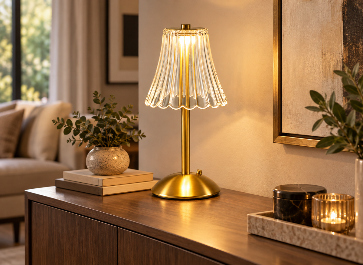 Lampe Tactile Dorée en Verre Plissé
