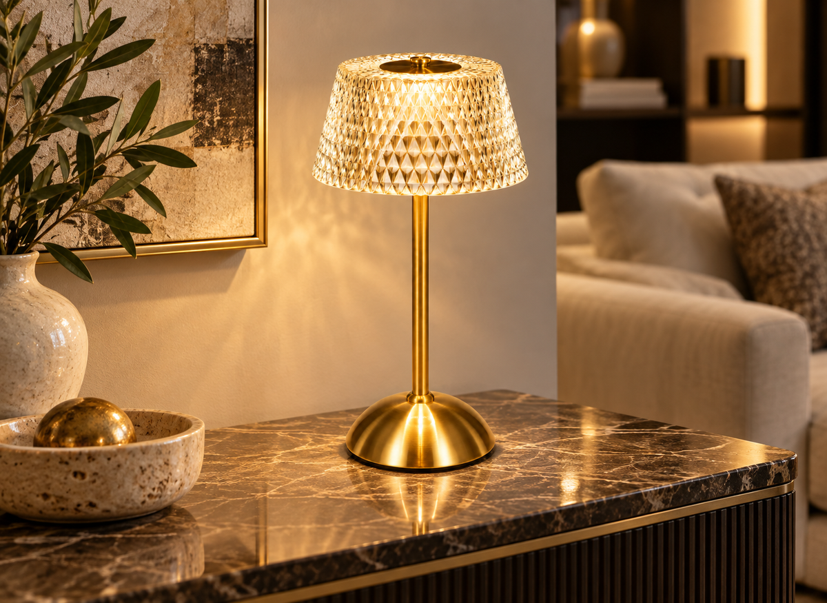 Lampe Dorée Cristal Facetté Sans Fil