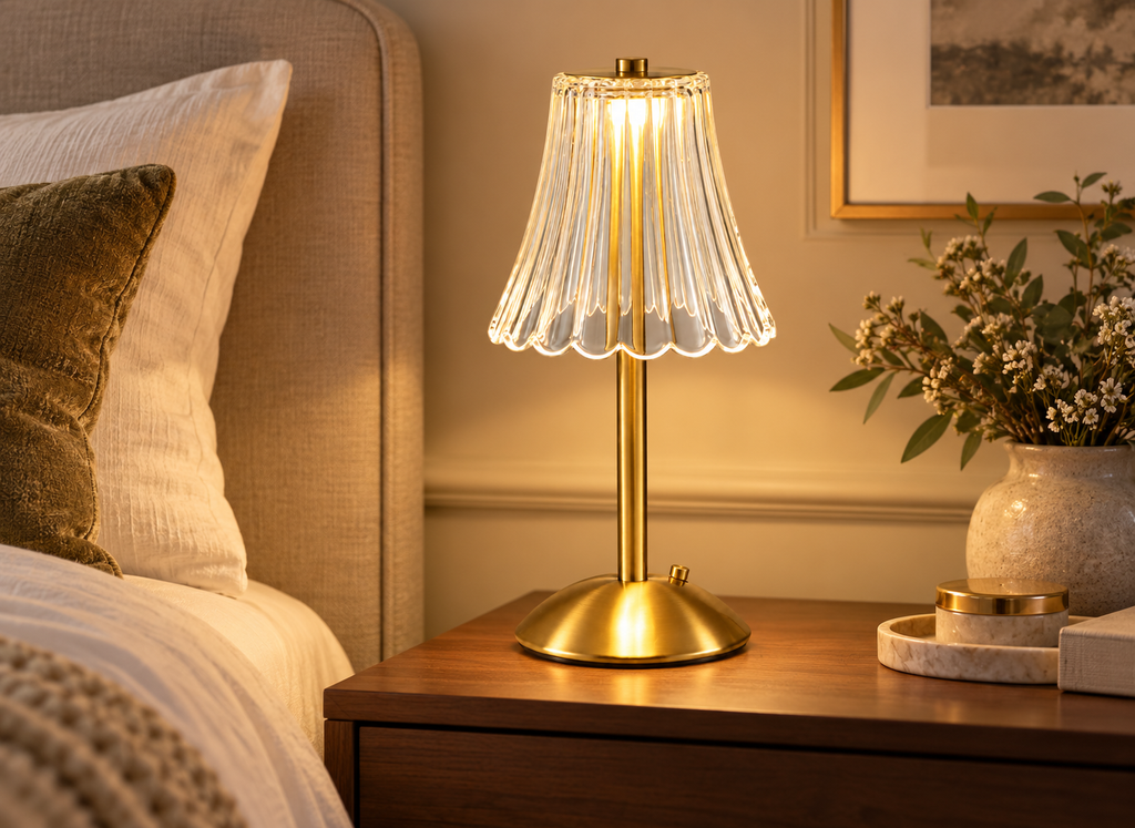 Lampe Tactile Dorée en Verre Plissé