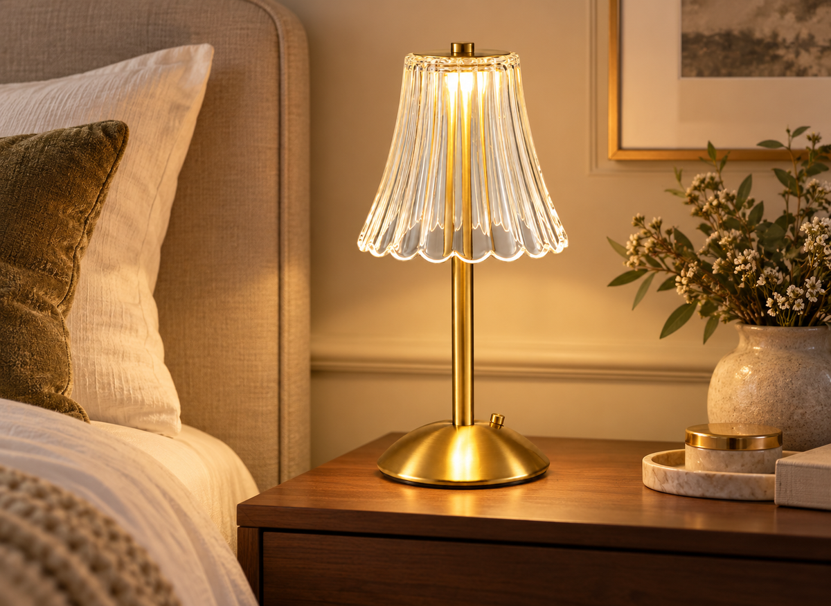 Lampe Tactile Dorée en Verre Plissé