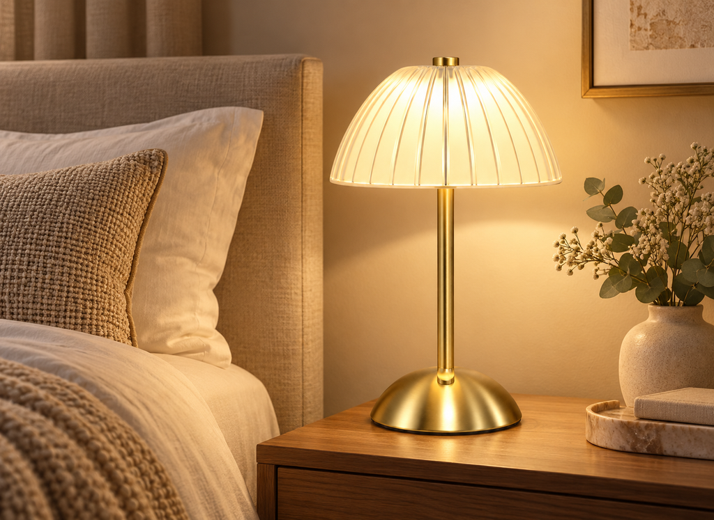Lampe Tactile Dorée à Abat-Jour Plissé
