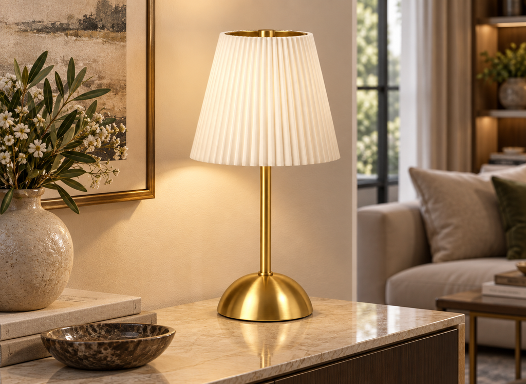 Lampe Sans Fil Dorée à Abat-Jour Plissé