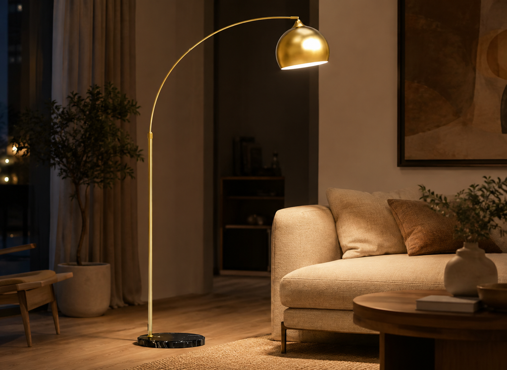 Lampadaire Arc Doré avec Base en Marbre Noir