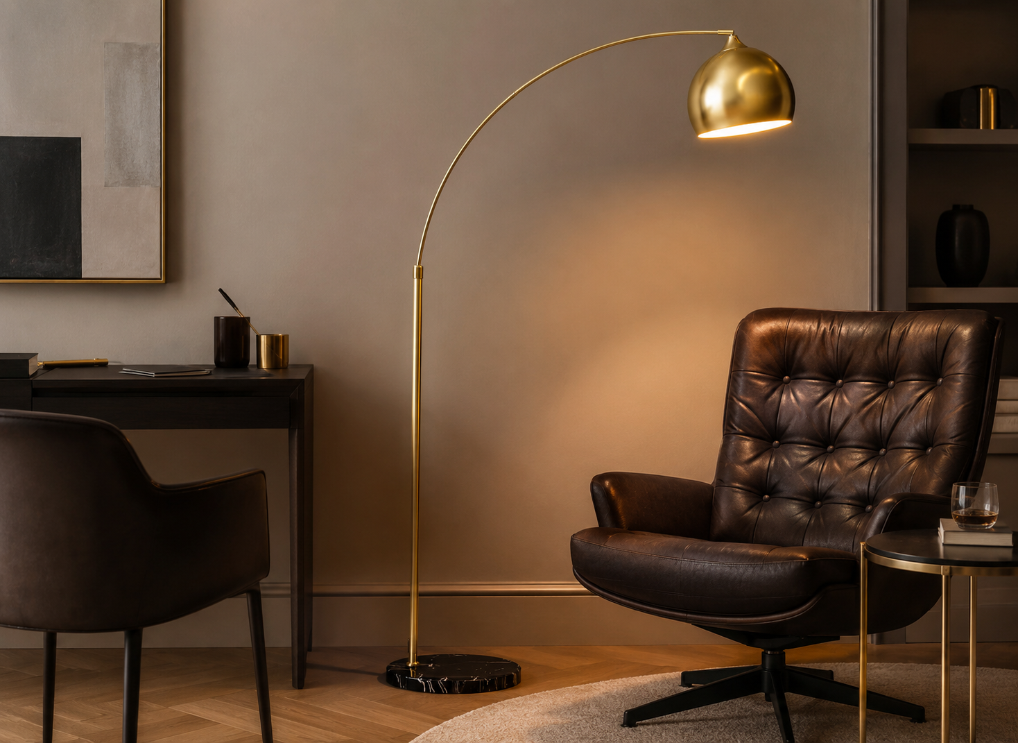 Lampadaire Arc Doré avec Base en Marbre Noir